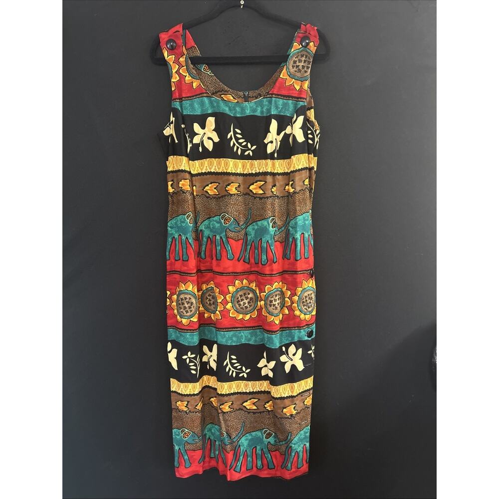 Vintage Midi Sheath Dress Floral Elephant Sz 14 Buttoned Summer Casual